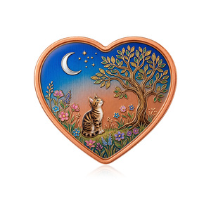 Pièce de monnaie souvenir en cuivre pur .999 de 1 once en forme de cœur, motif chat 3D en relief, colorée par UV - Product Image 1