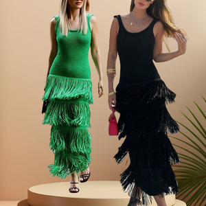 High Quality Summer Sleeveless Tank Top Solid Color Hem Tassel Knitted halter <strong>Dress</strong> - Product Image 2