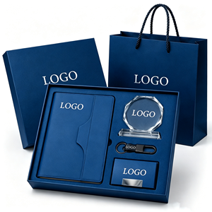 Coffret cadeau d'anniversaire d'entreprise de luxe 4 en 1 avec carnet en cuir, trophée en cristal, porte-clés, porte-cartes, logo personnalisé - Product Image 1