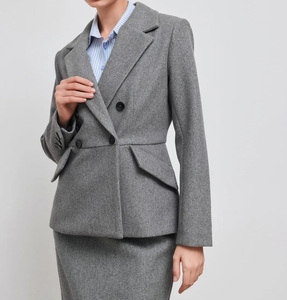 <span class=keywords><strong>Blazer</strong></span> de Mujer Gris de Lana Mezclada con Doble Botonadura, Cuello Solapa y Cintura Ajustada, Chaqueta Elegante para Oficina - Product Image 1