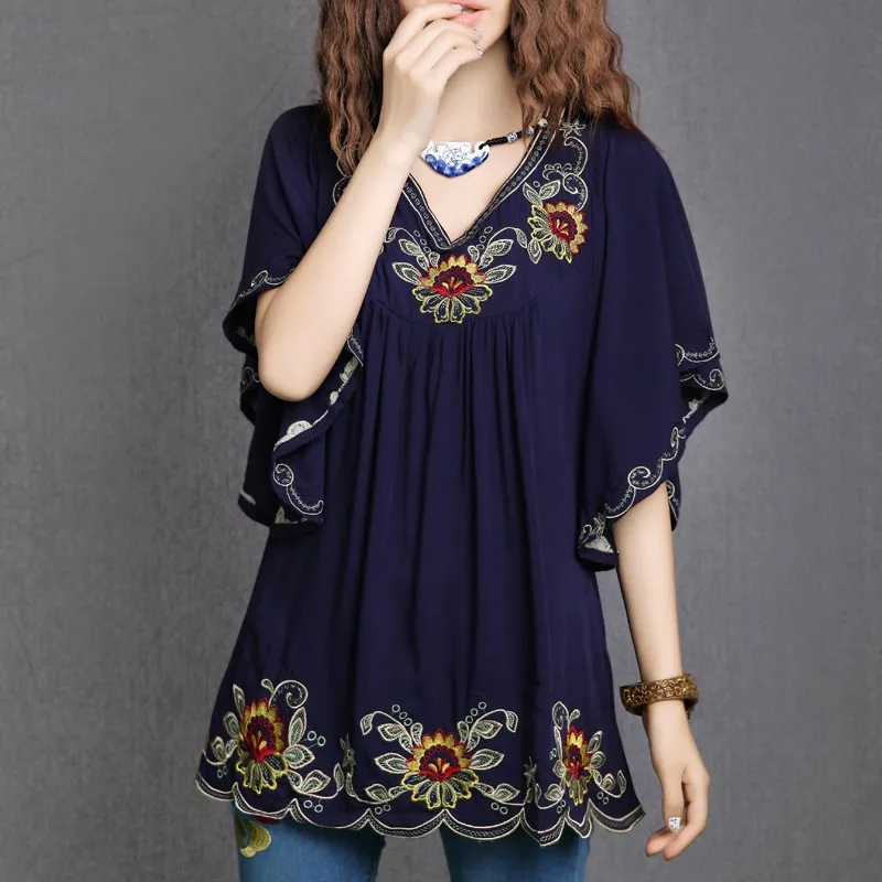 Butterfly sleeve Women Clothes Floral Embroidery Boho Blouse Hippie Mini Tops Ladies Soft Cotton Summer Blouse Tops