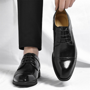 Chaussures habillées Oxford en cuir pour hommes, bout carré, à lacets, semelle extérieure en caoutchouc antidérapante, pour le bureau et les occasions professionnelles, toutes saisons, noir uni - Product Image 1