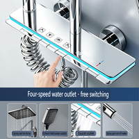 Ensemble de douche 4 fonctions en aluminium spatial électroplaqué avec commande par bouton, lumière d'ambiance, douchette fixe et douchette à main pour salle de bain