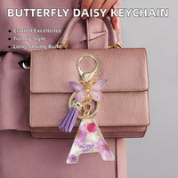 Porte-clés en résine et alliage léger, réutilisable, à la mode, avec fleurs séchées papillon et marguerite faites à la main, pour femmes, vente en gros