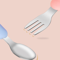 Ensemble d'alimentation pour bébé personnalisé en gros, fourchette et cuillère en acier inoxydable 316L de qualité alimentaire antidérapantes avec poignée en silicone en forme d'ours pour tout-petits