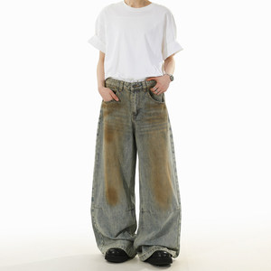 Jeans de mezclilla ODM OEM de verano, estilo americano <span class=keywords><strong>vintage</strong></span>, desgastados, lavados con efecto sucio, de pierna recta y holgados para hombre y mujer. - Product Image 1