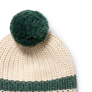 Bonnet tricoté rayé vert crème pour enfants avec grand pompon, bord côtelé, chaud, hiver, pour bébés garçons et filles - Product Image 5