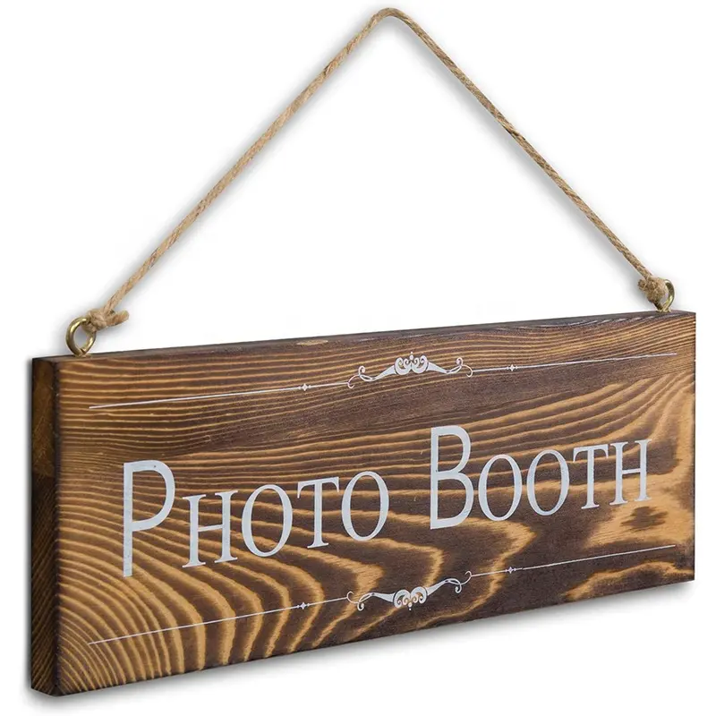 Retro Burnt Brown Wooden Wall Decorative Plaque Wood Photo Booth Party Sign with Hanging Rope