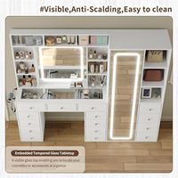 Vente en gros de coiffeuses modernes en bois personnalisables avec miroir LED pleine longueur, couleur blanche |   Meuble de rangement à 15 tiroirs et compartiments ouverts avec prise électrique pour maquillage