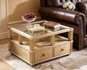 Luxury Gold Glass Top Coffee <b>Table</b> Modern Living Room Square Coffee <b>Table</b> with 2 <b>Drawers</b> - Product Image 2