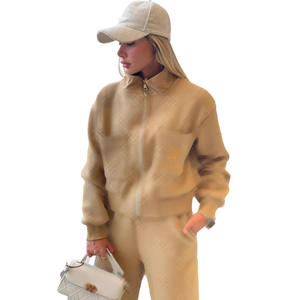 Elegante damespak met lange mouwen, herfst-winter, gebreid met reliëf, dubbele klep, ademend, casual stijl, effen. - Product Image 5