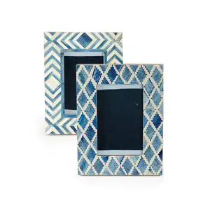 Osso moderno azul e branco personalizado e resina incrustada Photo Frame mosaico sortido-osso/resina/vidro
