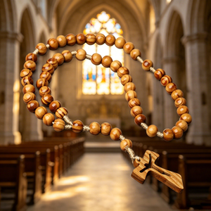 Collier religieux catholique en bois avec perles et croix plaquée argent, en alliage ABS/Zinc, mini perles phosphorescentes, vente en gros, pièce maîtresse - Product Image 5