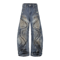 Jeans unisexe rétro patchwork pour hommes, taille haute, style cargo, effet usé, coupe ample, streetwear Y2K, en denim, vente en gros