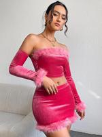 Conjunto de Falda y Top Corto con Ribete Peludo de Alta Calidad, Nuevo, Top de Moda, Rosa Fuerte, Sin Tirantes, Sexy, de Terciopelo, Conjunto de Dos Piezas para Mujer