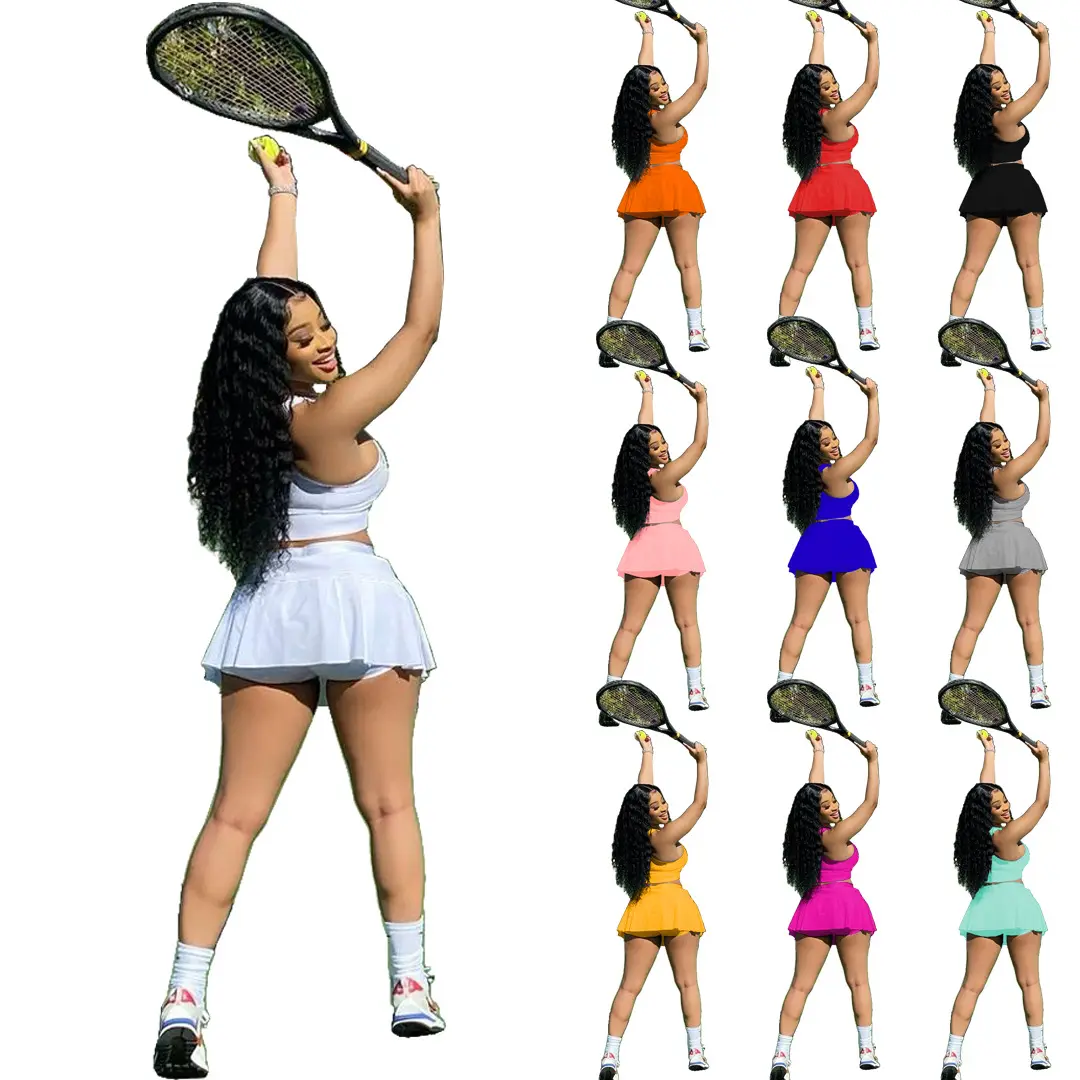セクシーカジュアルスポーツウェアテニススカートセット夏2ピースセット女性タンクトップマルチカラー女性ベストとプリーツスカート衣装