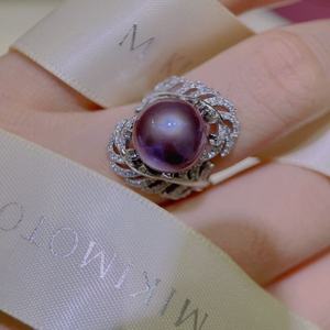 Bague en argent sterling 925 avec perle naturelle ronde de 12-13 mm, couleur violet démon, presque parfaite, avec plume personnalisée tendance - Product Image 2