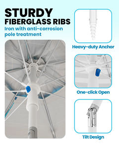 Parasols de plage pour le sable avec sac de sable et ancre, parasol de 6,5 pieds pour la plage, résistant au vent, portable, protection solaire UPF50+, avec sac de transport - Product Image 5