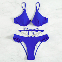 Maillot de bain deux pièces FS Micro Bikini Oil Dance bleu, dos nu, ajouré, orné de strass, à franges, avec armatures, push-up et volants