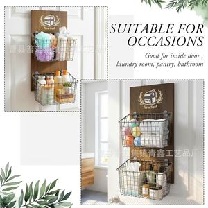 Wooden Wall Mounted Fruit <b>Storage</b> <b>Basket</b> Double Layer Wrought Iron Rack For Kitchen Vegetables And Fruits <b>Large</b> Capacity - Product Image 2