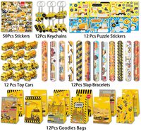 Bouw- en bouwmachines thema verjaardagsfeestje: betonwagen, graafmachine, armbandjes, sleutelhangers, stickers, mini auto's, cadeautjes, goodie bags, attenties