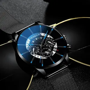 นาฬิกาข้อมือสำหรับผู้ชาย,นาฬิกาควอตซ์โครโนกราฟสไตล์เจนีวาแนวสปอร์ตทำจากสเตนเลส