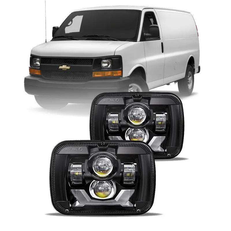 Square Led Headlights with DRL Turn Signals for 2012-2017 Chevrolet Express 2500 3500 4500 Cargo Accessories Parts for Chevy Van