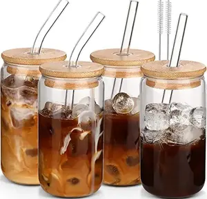 Прозрачная пивная стеклянная чашка для питья с бамбуковой крышкой и соломой, 16 унций, бокал для колы