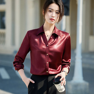 Women Satin Shirt Red Solid Color Long Sleeve Button Front Commuting Top - Product Image 1