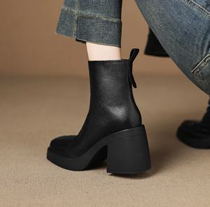 Zapatos de tacón alto de cuero vacuno negro para mujer, finos, sin cordones, de boca poco profunda, gruesos, para el trabajo, el viaje diario y la carrera profesional. - Product Image 2