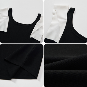 Vestido Mini Negro Minimalista Personalizado, Corte en A, Hombros con Volantes, Elegante, Sin Mangas, Cuello Cuadrado, Tejido de Punto, para Mujer - Product Image 3