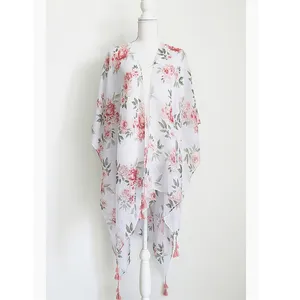 Floral printed beach shawl poncho customs cotton linen voile light weight summer beach wear cover up multifunction sarong pareo