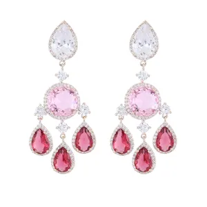 Luxury Bling Dangling Chandelier Earrings Women Red Cubic Zirconia Drop Ruby Big Wedding Bridal Silver Earrings Charm