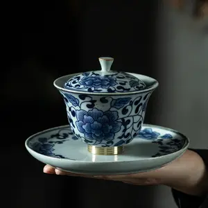蓝色青花瓷的铜脚钉盖碗陶瓷盖碗茶大杯茶碗功夫茶具泡茶设备