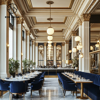 Mobilier de restaurant Ron Group Hotel : Banquette confortable en velours en forme de L, table carrée en marbre avec ensemble de chaises