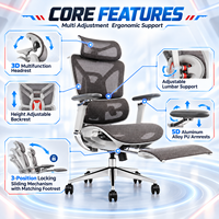 Chaise de bureau ergonomique en maille avec appui-tête réglable, base en aluminium et repose-pieds extensible pour poste de travail (Silla)