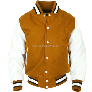 KVJ09 Veste universitaire en laine bordeaux pour hommes, manches en cuir blanc d'hiver, garniture bicolore, broderie, décoration, teint sans col - Product Image 2