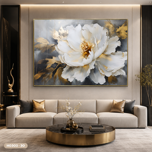 Peinture sur soie de luxe, fleur de pivoine, art mural, décoration intérieure, tissu en soie fait main, design or et blanc, Vietnam OEM ODM, modèle H0302-30 - Product Image 2