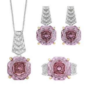Wholesale Eco-friendly Copper Rose Cut 14-12MM Pink Cubic Zirconia Temperament Necklace and <b>Earrings</b> Ring Jewelry <b>Set</b> - Product Image 1