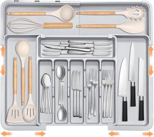 Organisateur de couverts extensible pour tiroir de cuisine, organisateur de couverts réglable pour cuillères, fourchettes, couteaux - Product Image 1