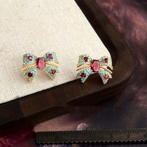 Boucles d'oreilles pendantes tendance, émail <span class=keywords><strong>français</strong></span>, effet goutte d'huile, couleur or, vintage, turquoise, nœud papillon, élégantes, luxe léger - Product Image 2