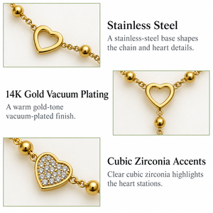Collar con Colgante de Corazón en Acero Inoxidable, Chapado en Oro de 14K al Vacío, con Circonita Cúbica, Diseño de Corazón Abierto - Product Image 3