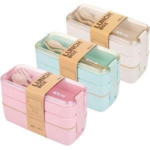 2021 Hot Sale Travel Student School 3 Layer Lunch Box Stackable Compartment Wheat Straw Bento Lunch Box