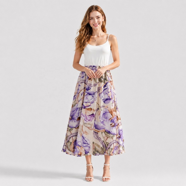 Women Chic Purple Floral Print Patchwork Dress White Cami Top a Line Flowy Viscose Summer Sundress