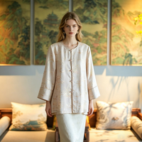 Veste chinoise polyvalente en soie rose à col rond et simple boutonnage, coupe ample, effet rajeunissant, color-block, pour femme 7778
