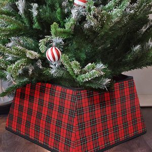 YUELIAN Jupe de sapin de Noël à carreaux rouges et noirs, col carré tissé, anneau de sapin pour la décoration de la maison et des fêtes de Noël - Product Image 1