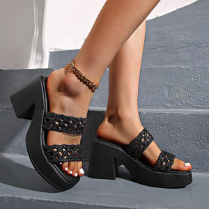 ハイヒールサンダル厚底アウトドアシューズ<span class=keywords><strong>2025</strong></span>サマー編組カットアウトスクエアトゥープラスサイズ厚手ヒールプラットフォームシューズスリッパ - Product Image 1