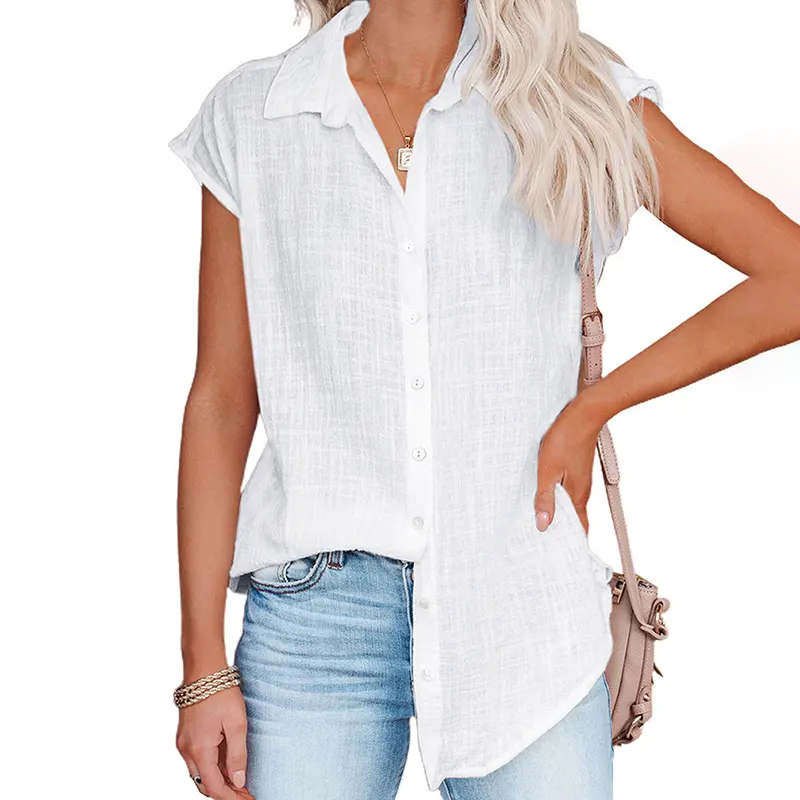 Plus Size Ladies 2022 Summer New Solid Color Single Breasted Shirt Women's Casual Short Sleeved Top