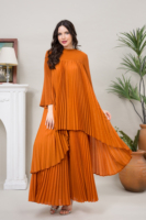 Ensemble Plissé Élégant Femme Grande Taille, Haut et Pantalon Style Miyake, Tenue Orange Simple de Haute Qualité pour Église