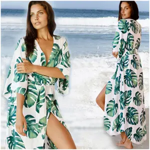 Kimono Beach Großhandel Tropical Banana Leaf Long Summer Playa Frauen Blume Open Cardigan Beach Kimono für Bikini Cover
